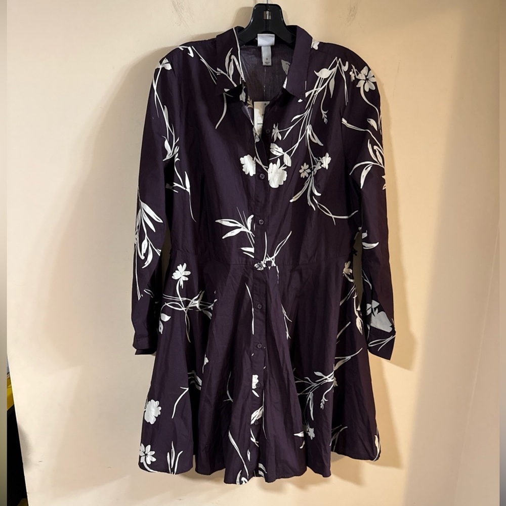 Womens M Floral Cotton Poplin Long Sleeve Mini Shirtdress Dark Plum A New Day…89